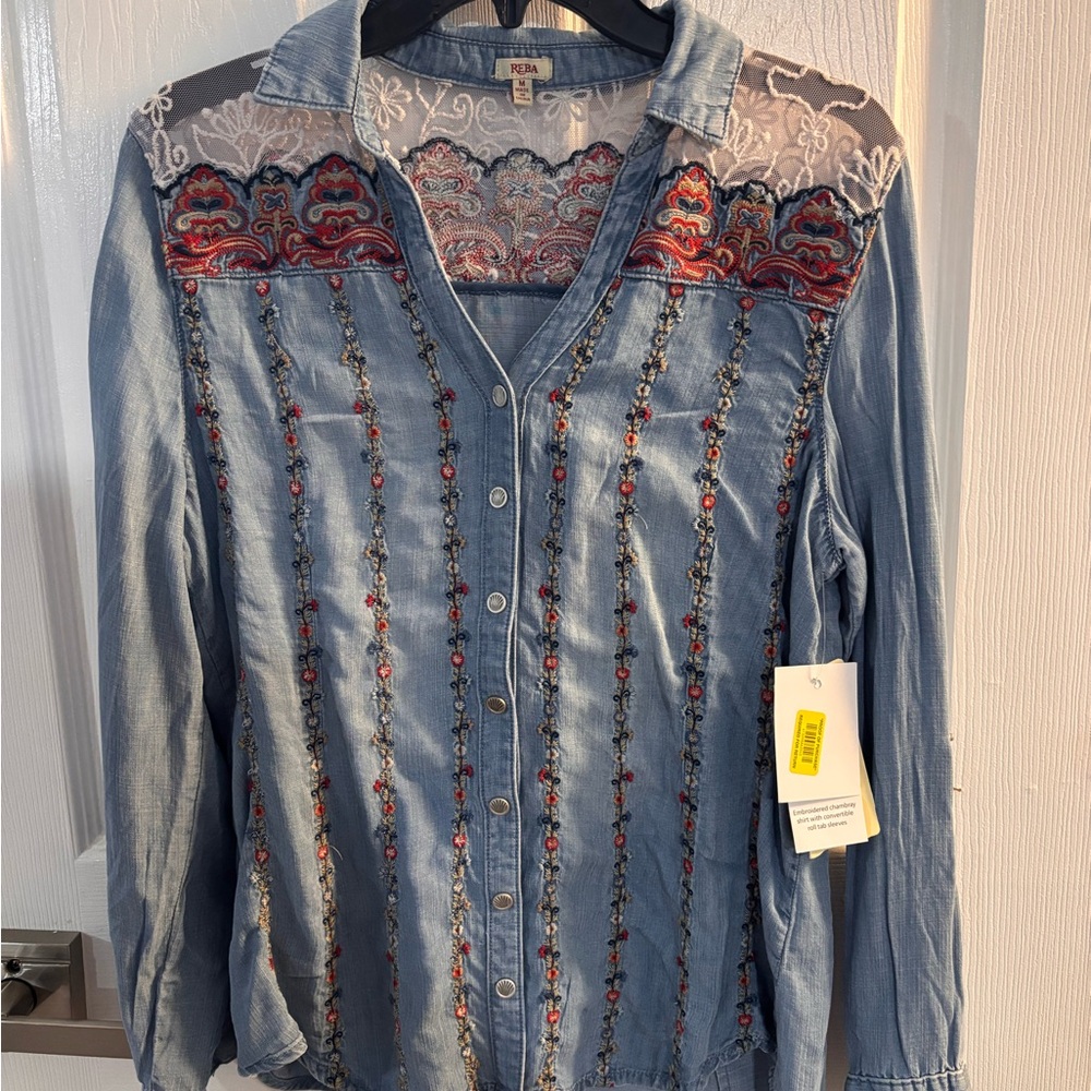 REBA Embroidered Lace Yoke Chambray Button-Front Top - Light Blue